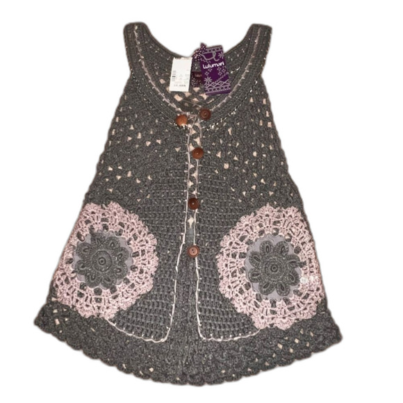 LULUMARI Gray Crochet Vest with Floral Accents - Size M/L - Picture 1 of 6